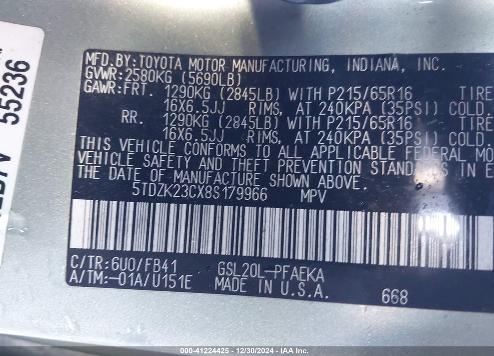 2008 TOYOTA SIENNA CE VIN: 5TDZK23CX8S179966