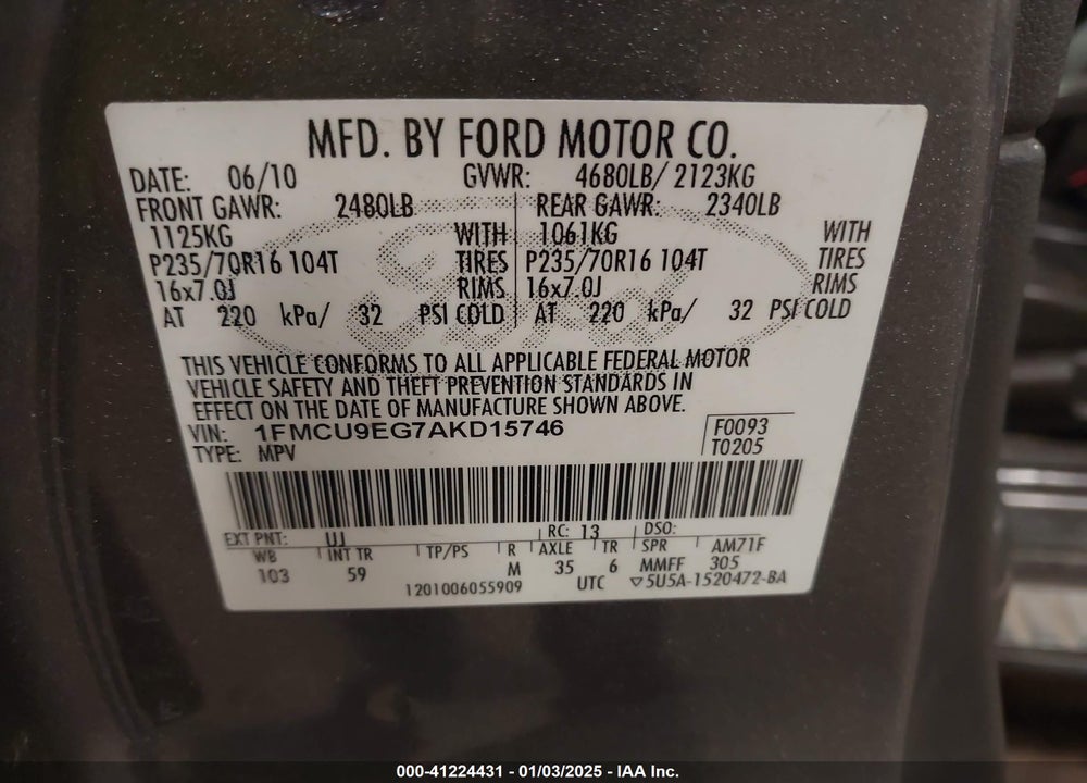 2010 FORD ESCAPE LIMITED VIN: 1FMCU9EG7AKD15746