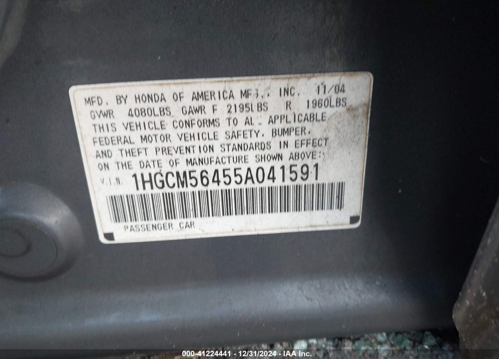 2005 HONDA ACCORD 2.4 LX VIN: 1HGCM56455A041591