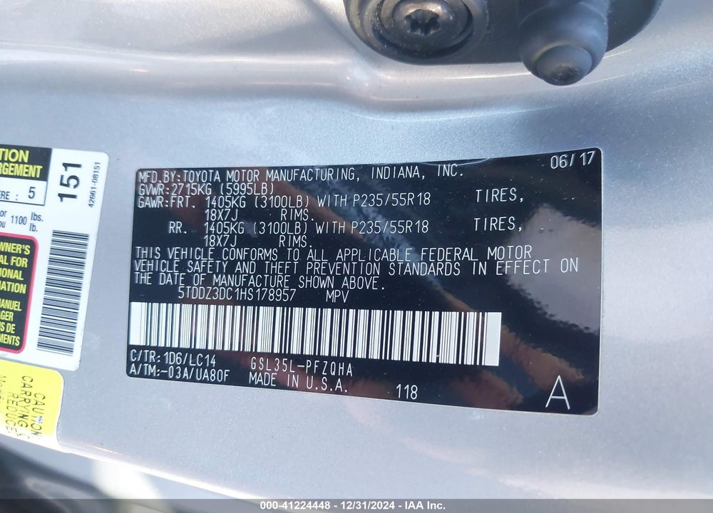 2017 TOYOTA SIENNA XLE 7 PASSENGER VIN: 5TDDZ3DC1HS178957