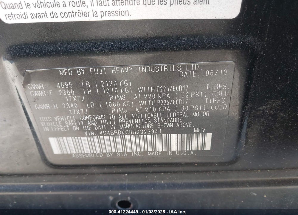 2011 SUBARU OUTBACK 3.6R LIMITED VIN: 4S4BRDKC8B2323941