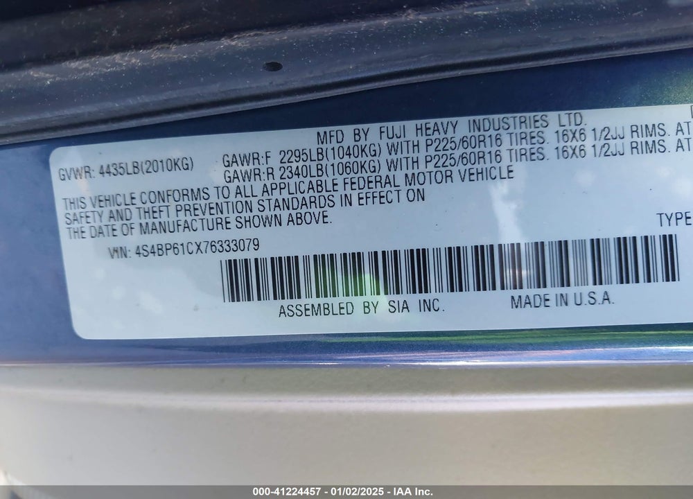2007 SUBARU OUTBACK 2.5I BASIC VIN: 4S4BP61CX76333079