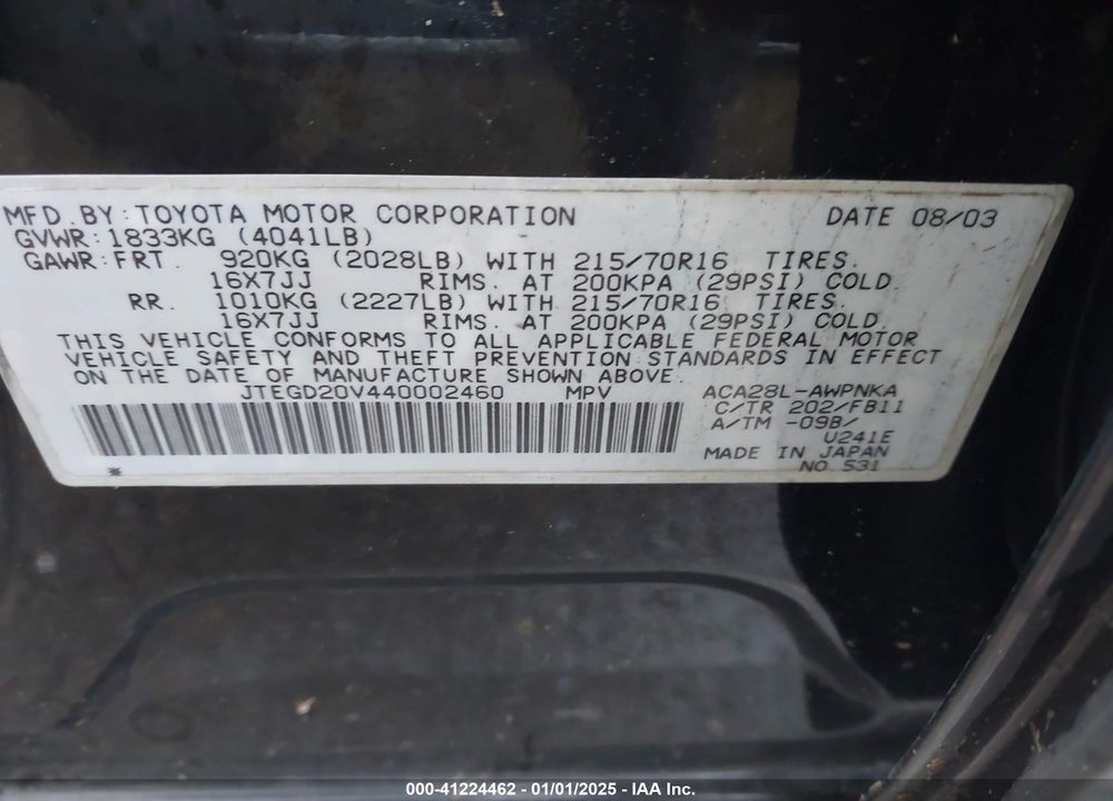2004 TOYOTA RAV4 VIN: JTEGD20V440002460
