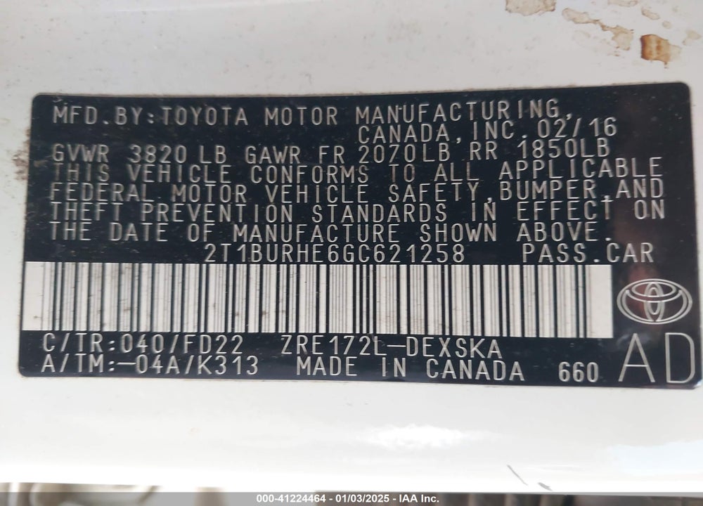 2016 TOYOTA COROLLA VIN: 2T1BURHE6GC621258
