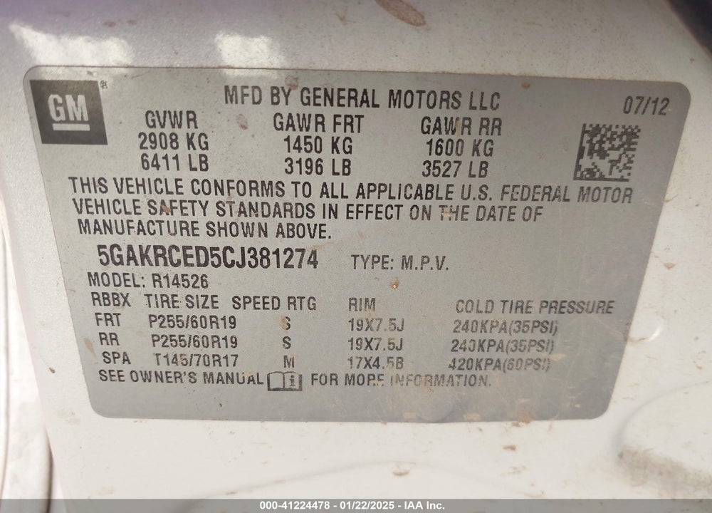 2012 BUICK ENCLAVE LEATHER VIN: 5GAKRCED5CJ381274
