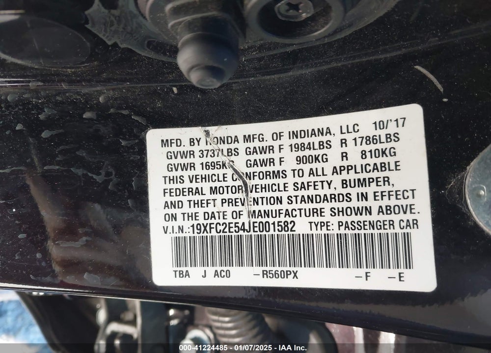 2018 HONDA CIVIC VIN: 19XFC2E54JE001582