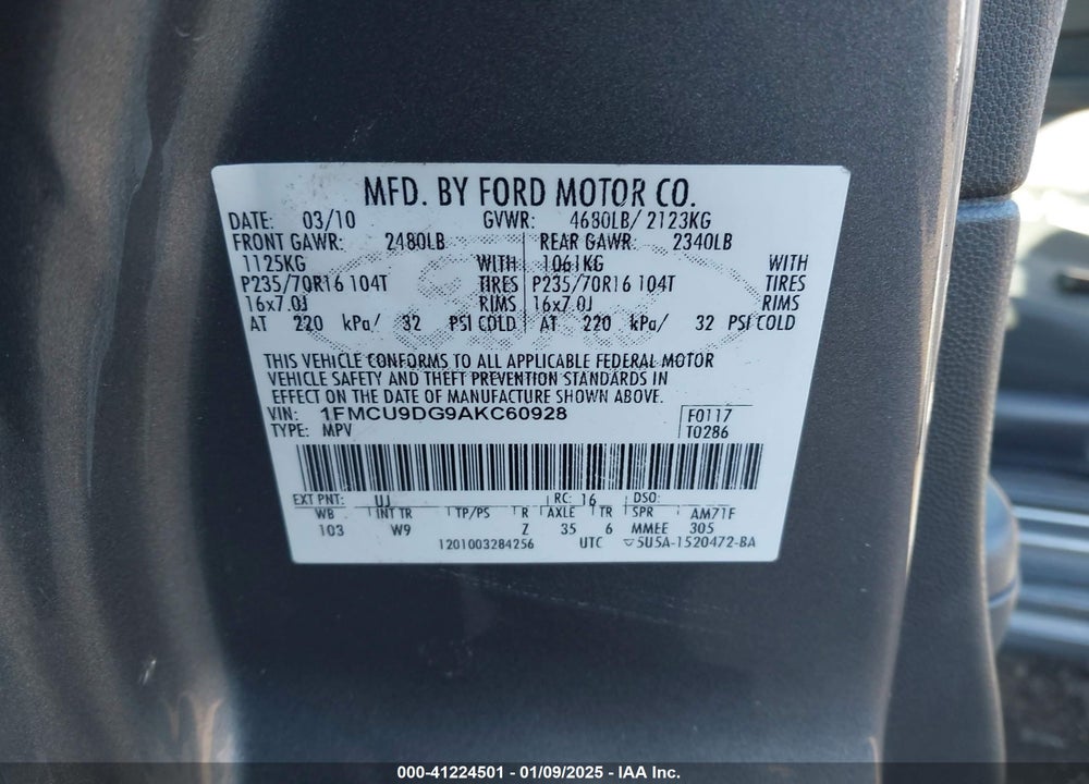 2010 FORD ESCAPE XLT VIN: 1FMCU9DG9AKC60928