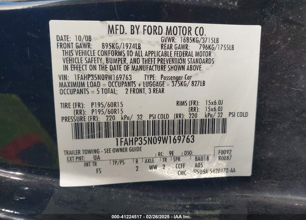 2009 FORD FOCUS SE VIN: 1FAHP35N09W169763