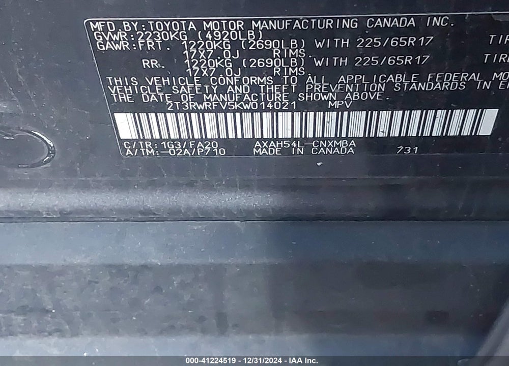 2019 TOYOTA RAV4 HYBRID XLE VIN: 2T3RWRFV5KW014021