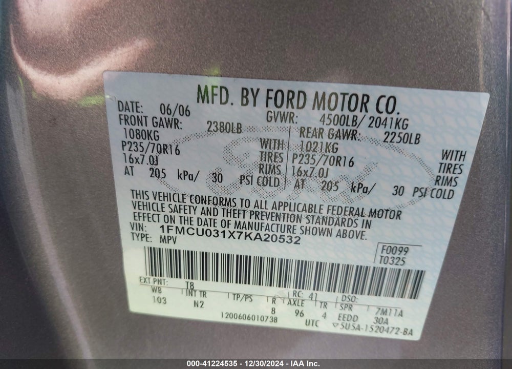2007 FORD ESCAPE XLT/XLT SPORT VIN: 1FMCU031X7KA20532