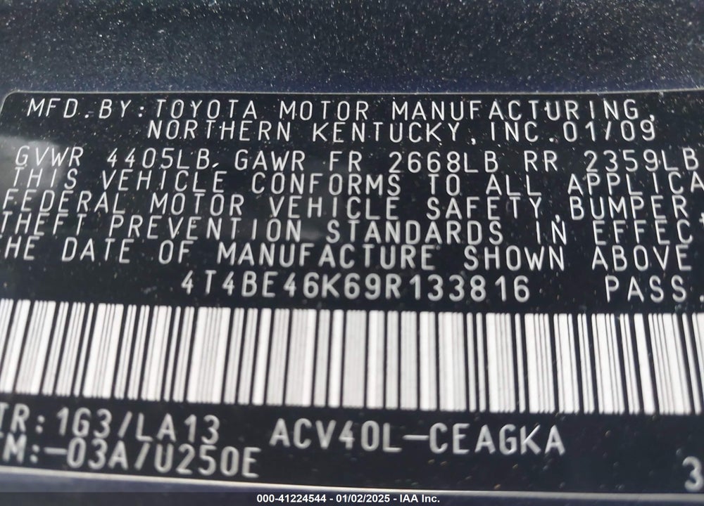 2009 TOYOTA CAMRY XLE VIN: 4T4BE46K69R133816