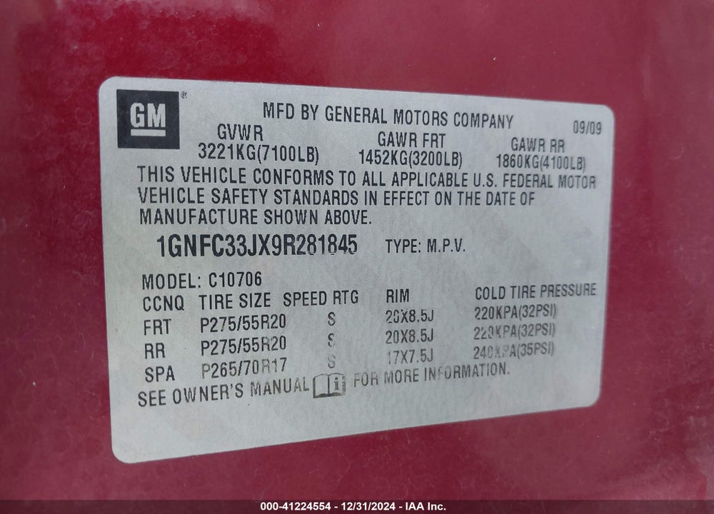 2009 CHEVROLET TAHOE LTZ VIN: 1GNFC33JX9R281845