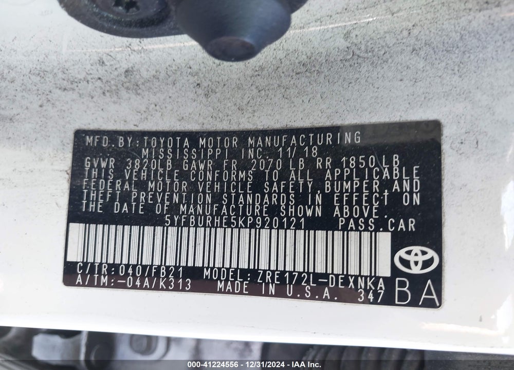 2019 TOYOTA COROLLA VIN: 5YFBURHE5KP920121