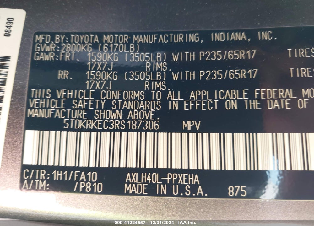 2024 TOYOTA SIENNA LE VIN: 5TDKRKEC3RS187306