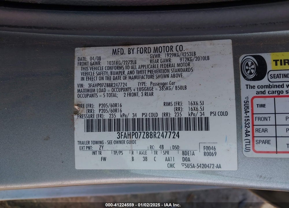 2008 FORD FUSION SE VIN: 3FAHP07Z88R247724