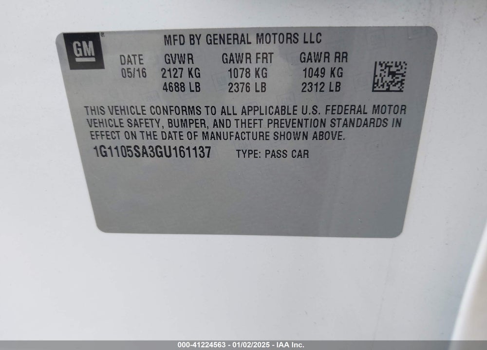2016 CHEVROLET IMPALA VIN: 1G1105SA3GU161137