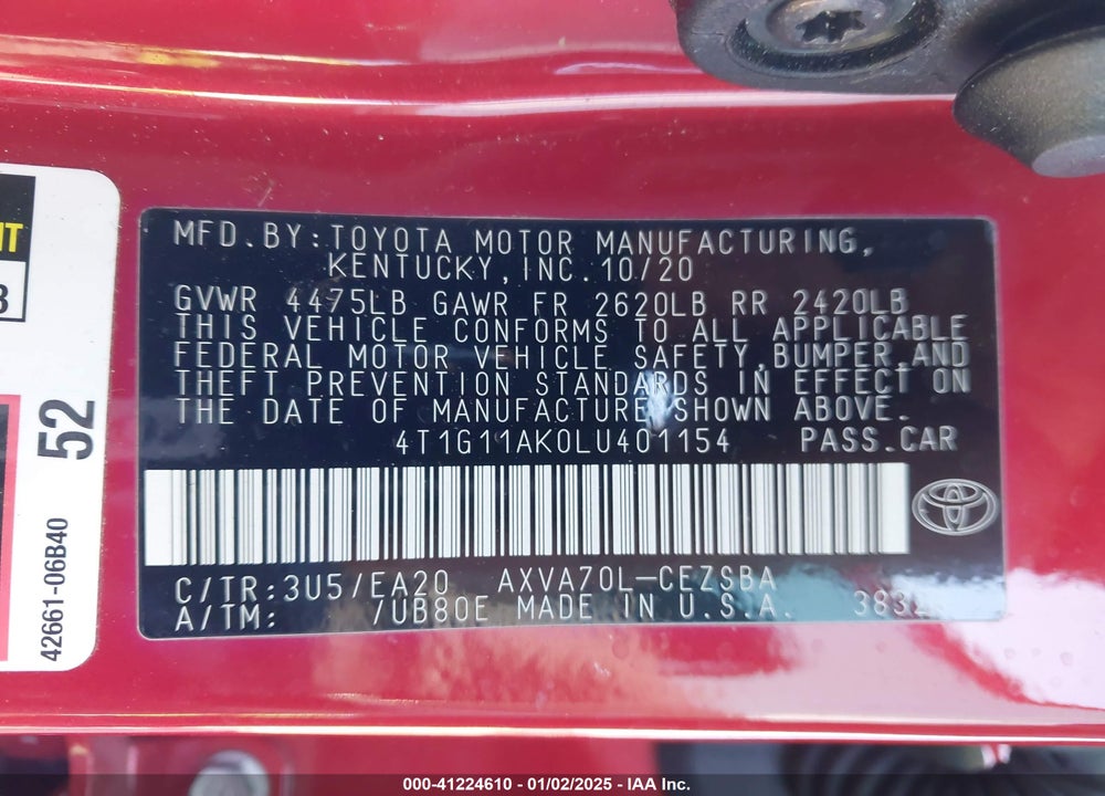 2020 TOYOTA CAMRY VIN: 4T1G11AK0LU401154