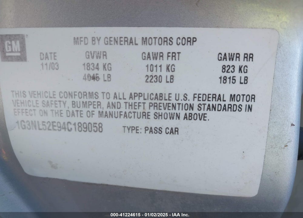 2004 OLDSMOBILE ALERO GL2 VIN: 1G3NL52E94C189058