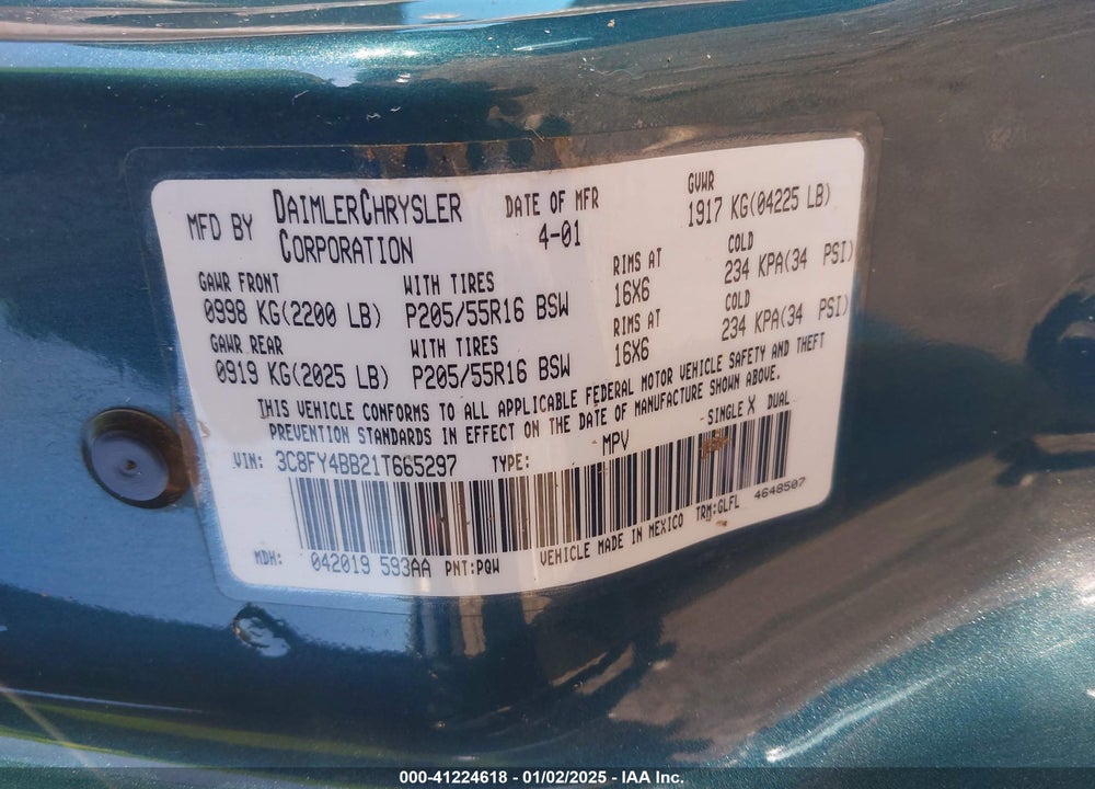 2001 CHRYSLER PT CRUISER VIN: 3C8FY4BB21T665297