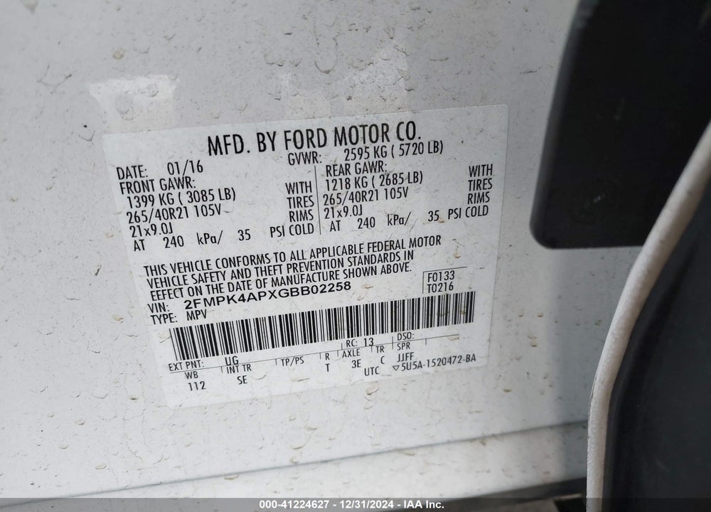 2016 FORD EDGE SPORT VIN: 2FMPK4APXGBB02258