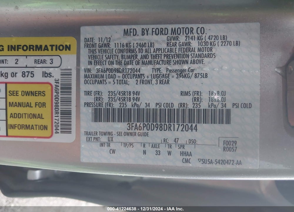 2013 FORD FUSION VIN: 3FA6P0D98DR172044