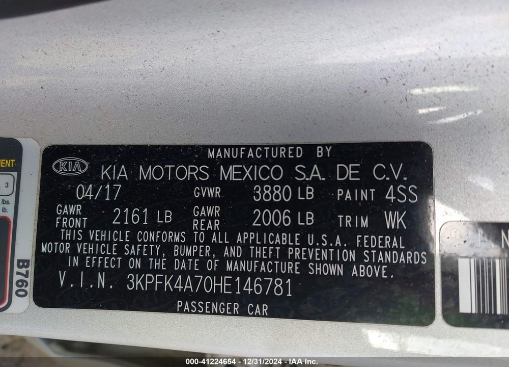 2017 KIA FORTE VIN: 3KPFK4A70HE146781