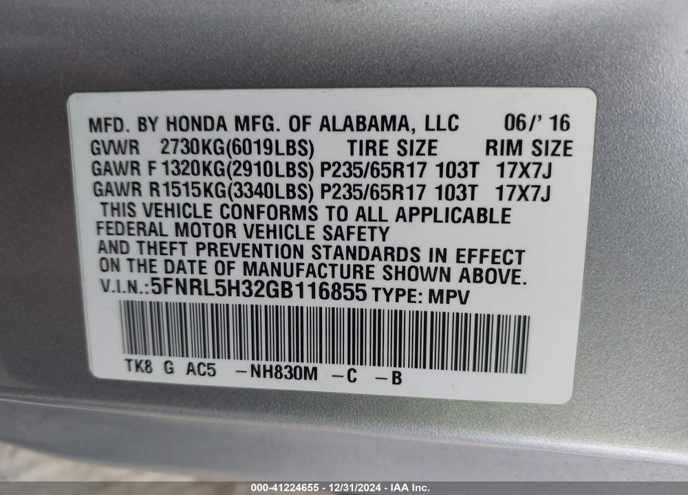 2016 HONDA ODYSSEY SE VIN: 5FNRL5H32GB116855