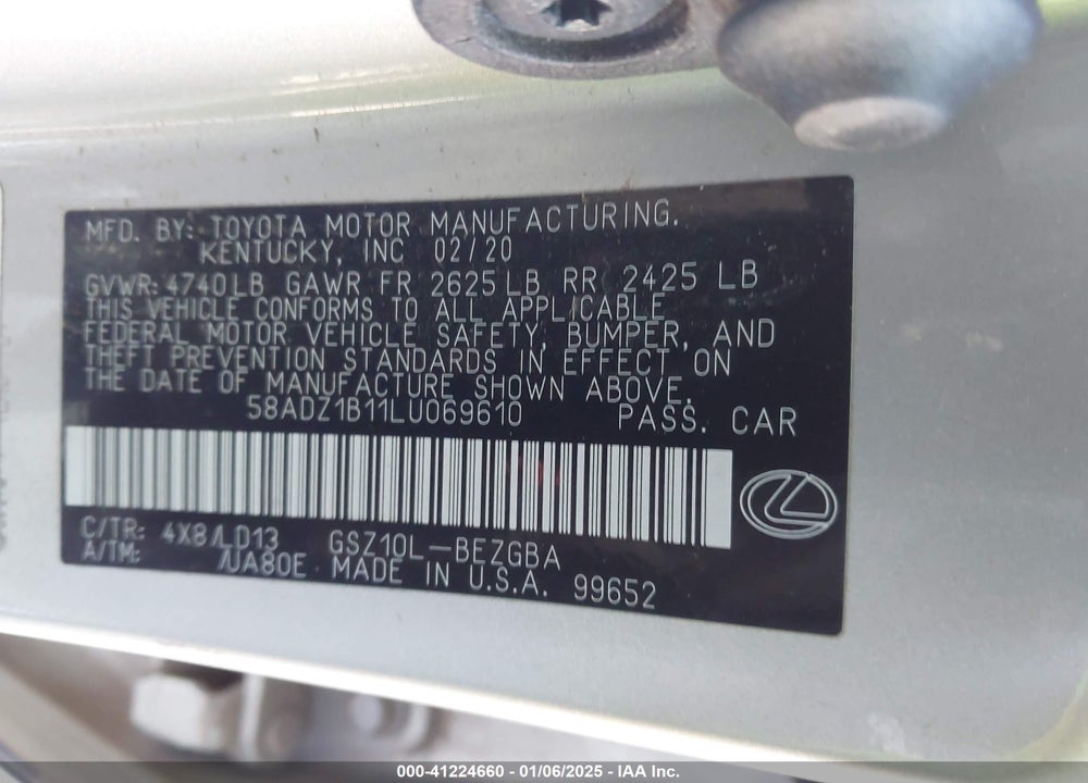 2020 LEXUS ES 350 VIN: 58ADZ1B11LU069610