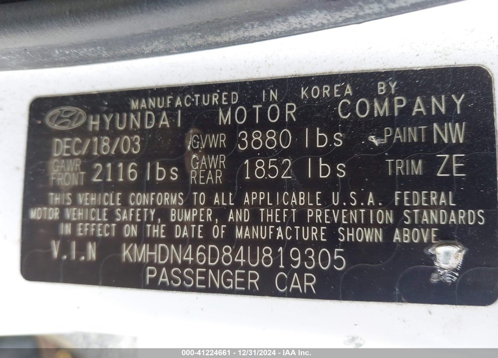 2004 HYUNDAI ELANTRA GLS/GT VIN: KMHDN46D84U819305
