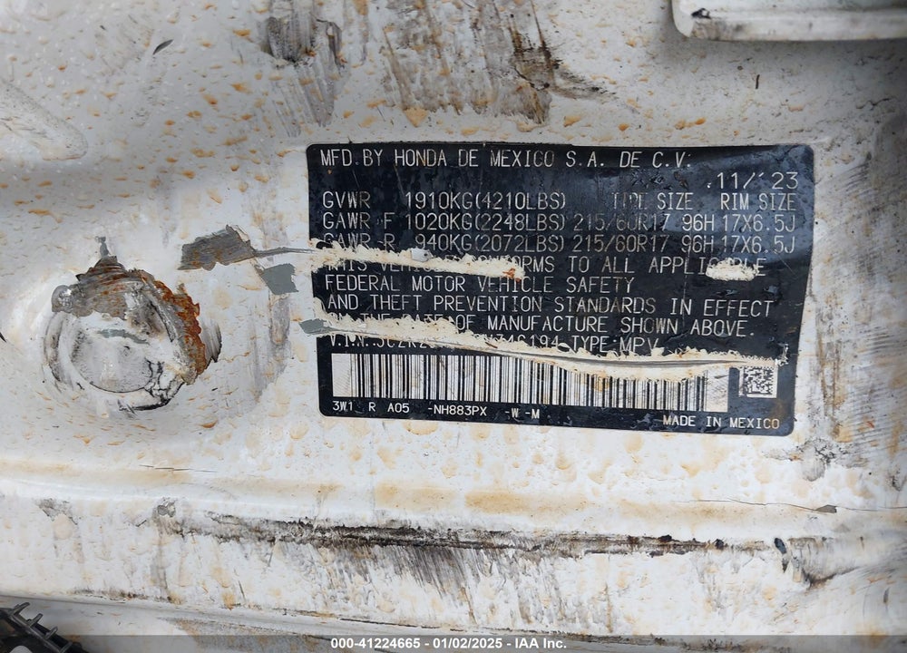 2024 HONDA HR-V VIN: 3CZRZ2H7XRM746194
