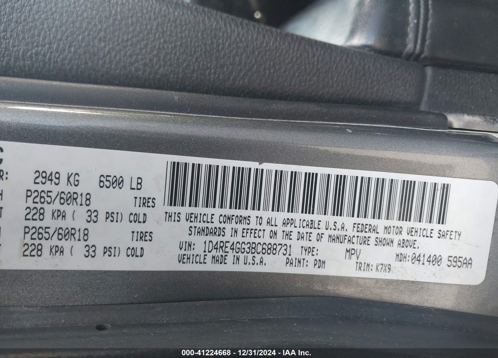2011 DODGE DURANGO CREW VIN: 1D4RE4GG3BC688731