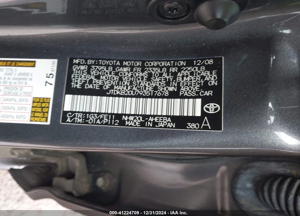 2009 TOYOTA PRIUS VIN: JTDKB20U793517678