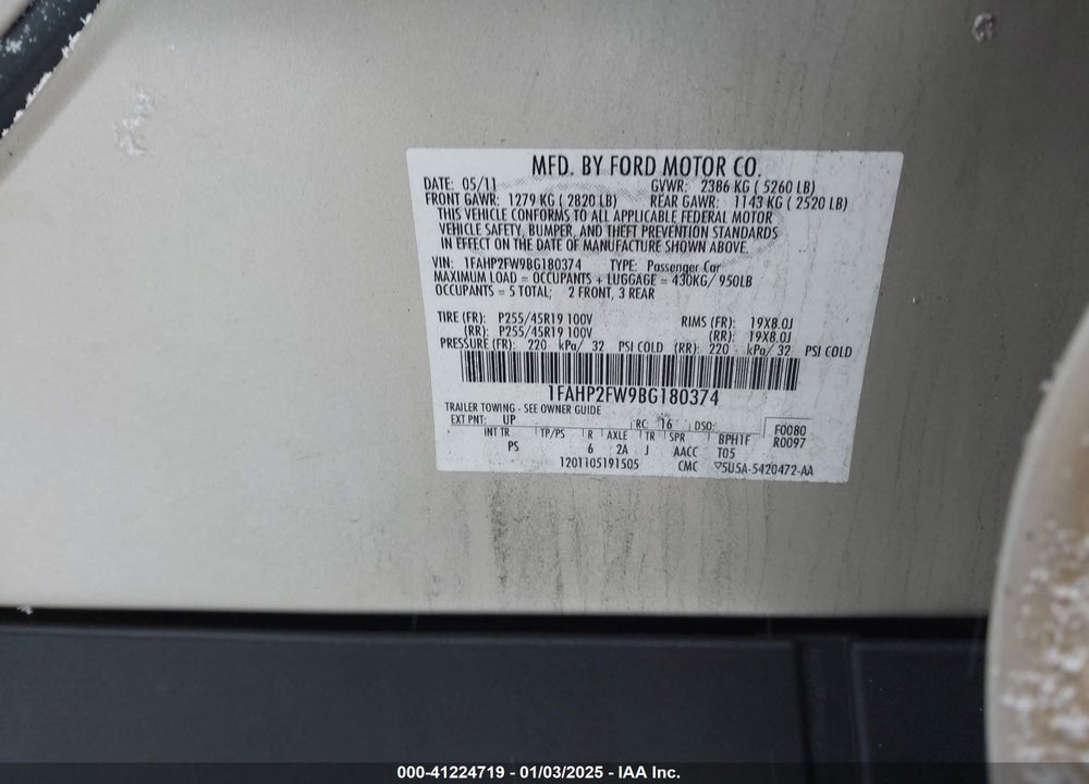 2011 FORD TAURUS LIMITED VIN: 1FAHP2FW9BG180374