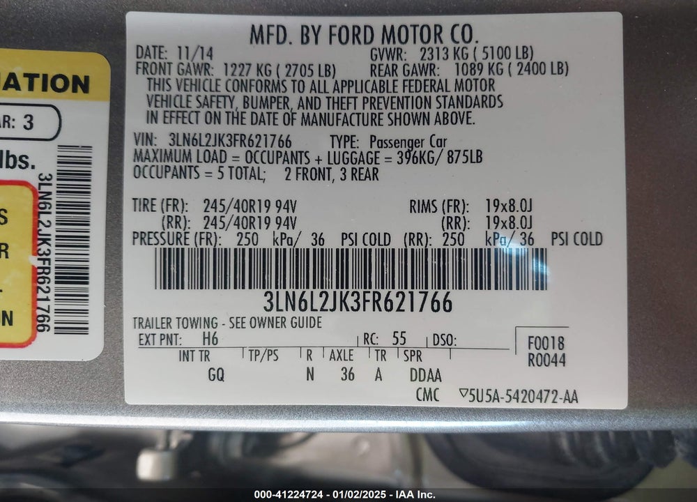 2015 LINCOLN MKZ VIN: 3LN6L2JK3FR621766