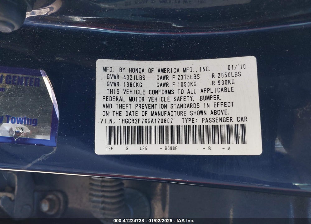 2016 HONDA ACCORD VIN: 1HGCR2F7XGA120607