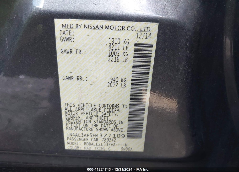 2015 NISSAN ALTIMA 2.5 S VIN: 1N4AL3AP5FN377109