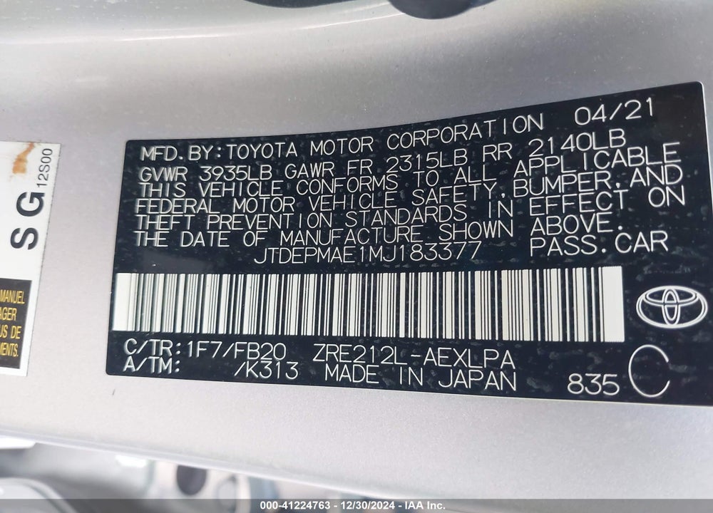 2021 TOYOTA COROLLA VIN: JTDEPMAE1MJ183377