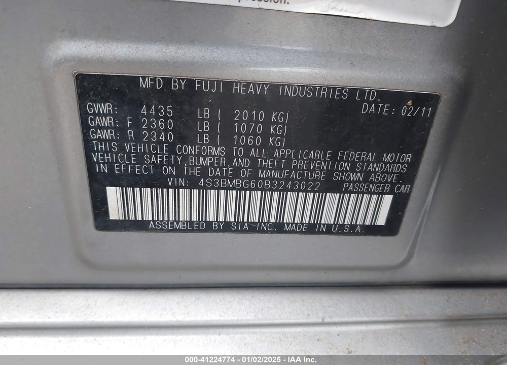 2011 SUBARU LEGACY VIN: 4S3BMBG60B3243022