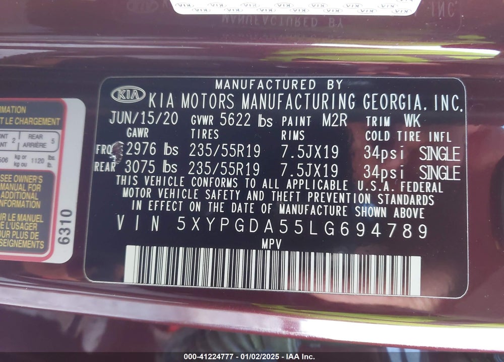 2020 KIA SORENTO 3.3L S VIN: 5XYPGDA55LG694789