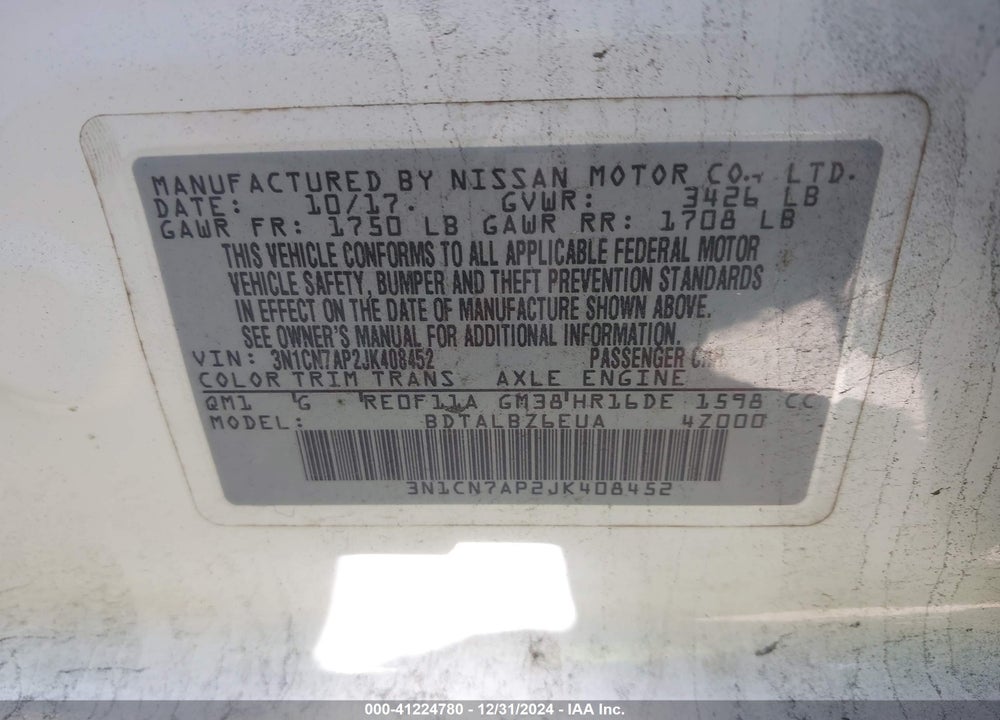 2018 NISSAN VERSA 1.6 SV VIN: 3N1CN7AP2JK408452