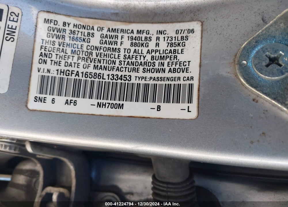 2006 HONDA CIVIC LX VIN: 1HGFA16586L133453