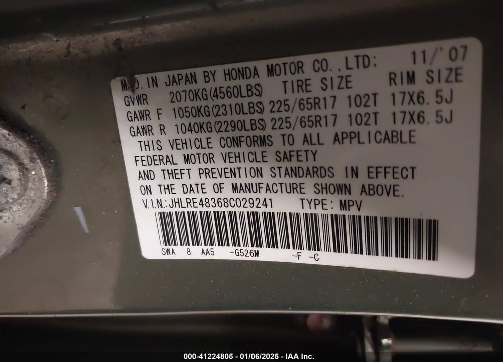 2008 HONDA CR-V LX VIN: JHLRE48368C029241