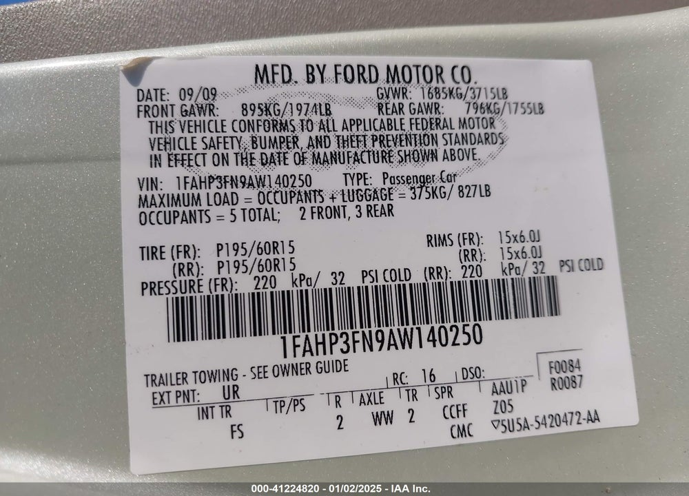 2010 FORD FOCUS VIN: 1FAHP3FN9AW140250