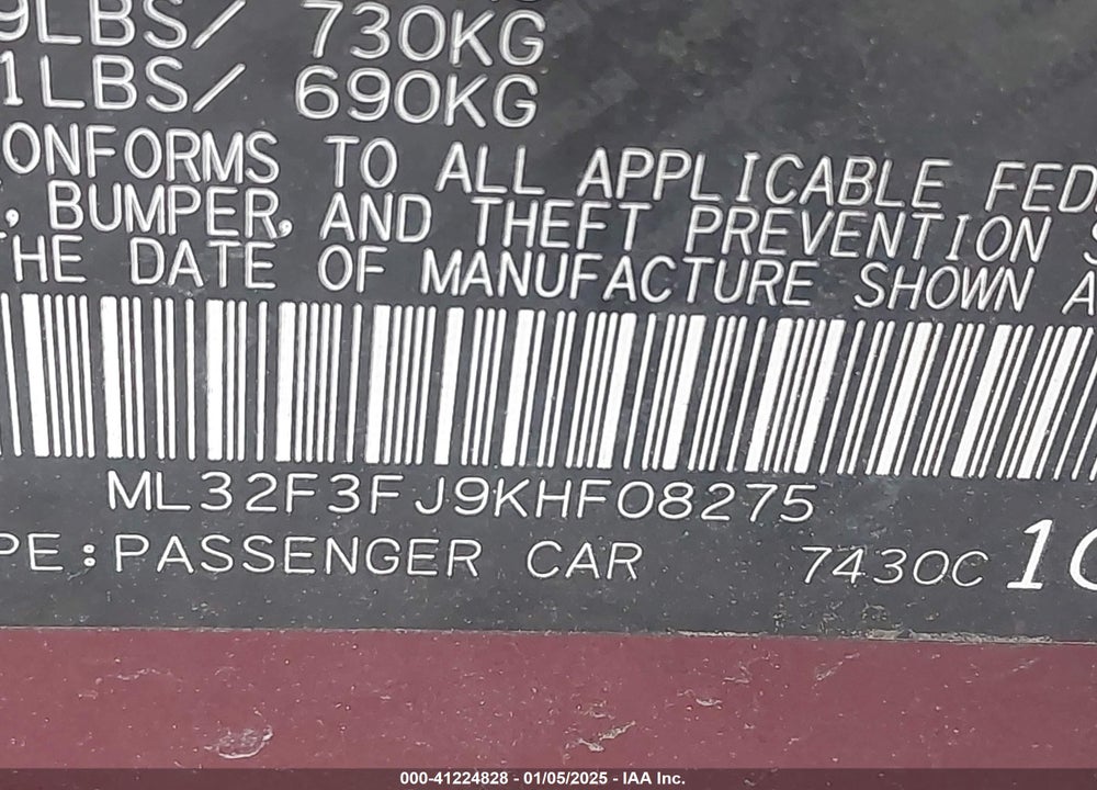 2019 MITSUBISHI MIRAGE G4 VIN: ML32F3FJ9KHF08275