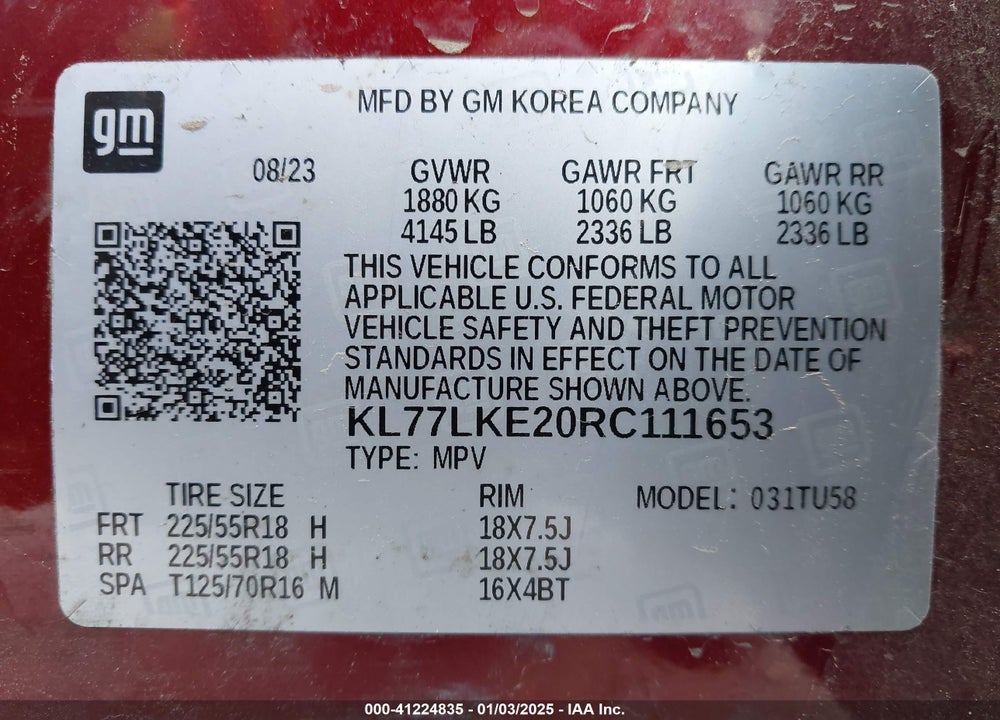 2024 CHEVROLET TRAX FWD ACTIV VIN: KL77LKE20RC111653