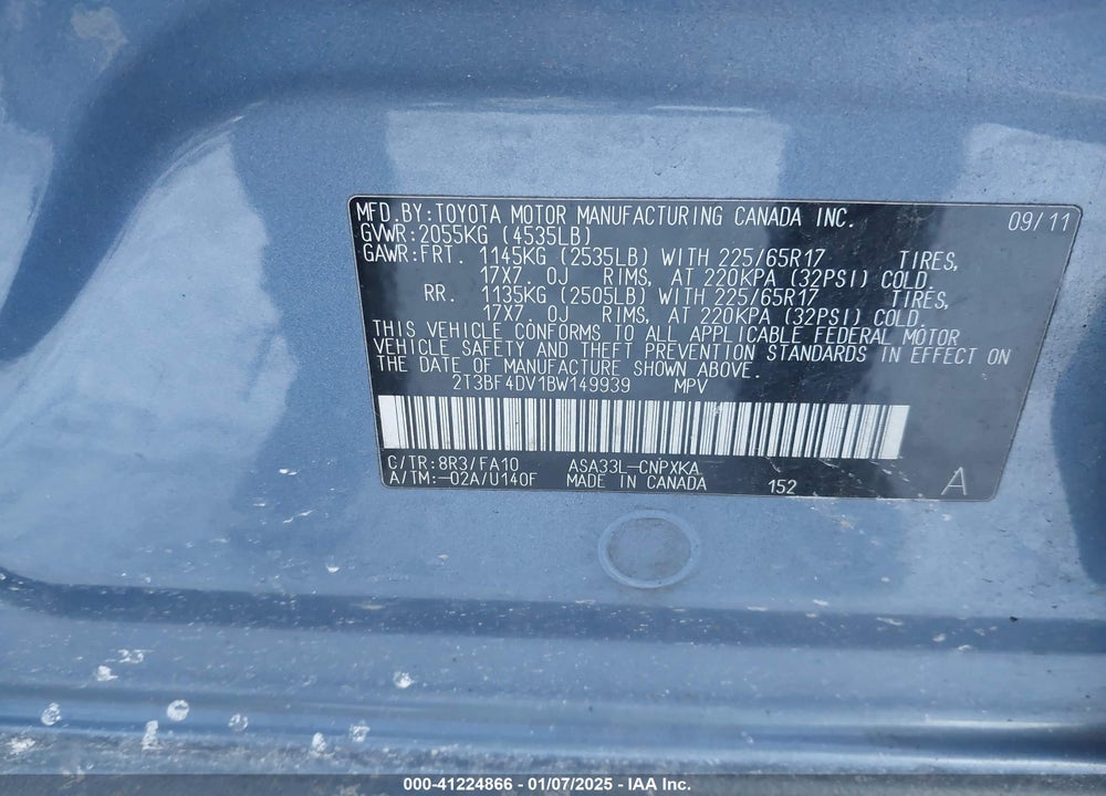 2011 TOYOTA RAV4 VIN: 2T3BF4DV1BW149939