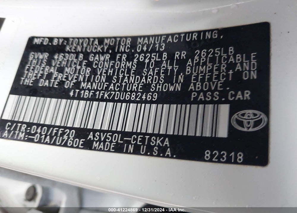 2013 TOYOTA CAMRY SE VIN: 4T1BF1FK7DU682469