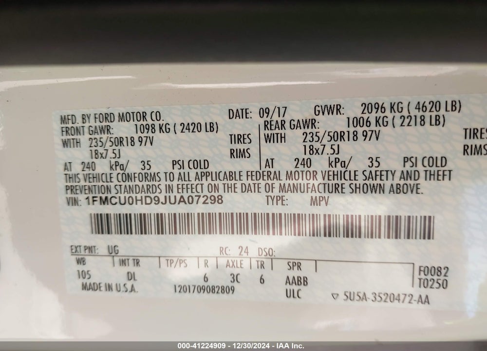 2018 FORD ESCAPE SEL VIN: 1FMCU0HD9JUA07298