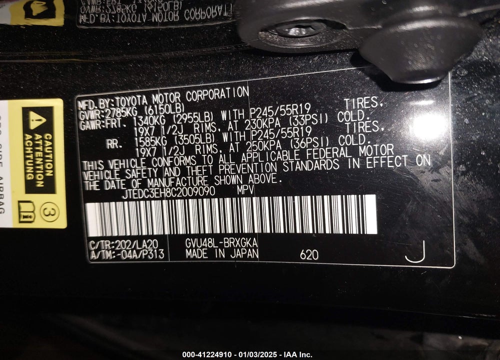 2012 TOYOTA HIGHLANDER HYBRID LIMITED V6 VIN: JTEDC3EH8C2009090