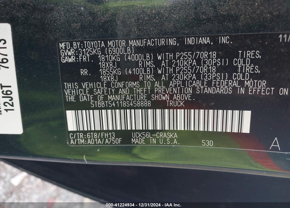 2008 TOYOTA TUNDRA BASE 4.7L V8 VIN: 5TBBT54118S458888
